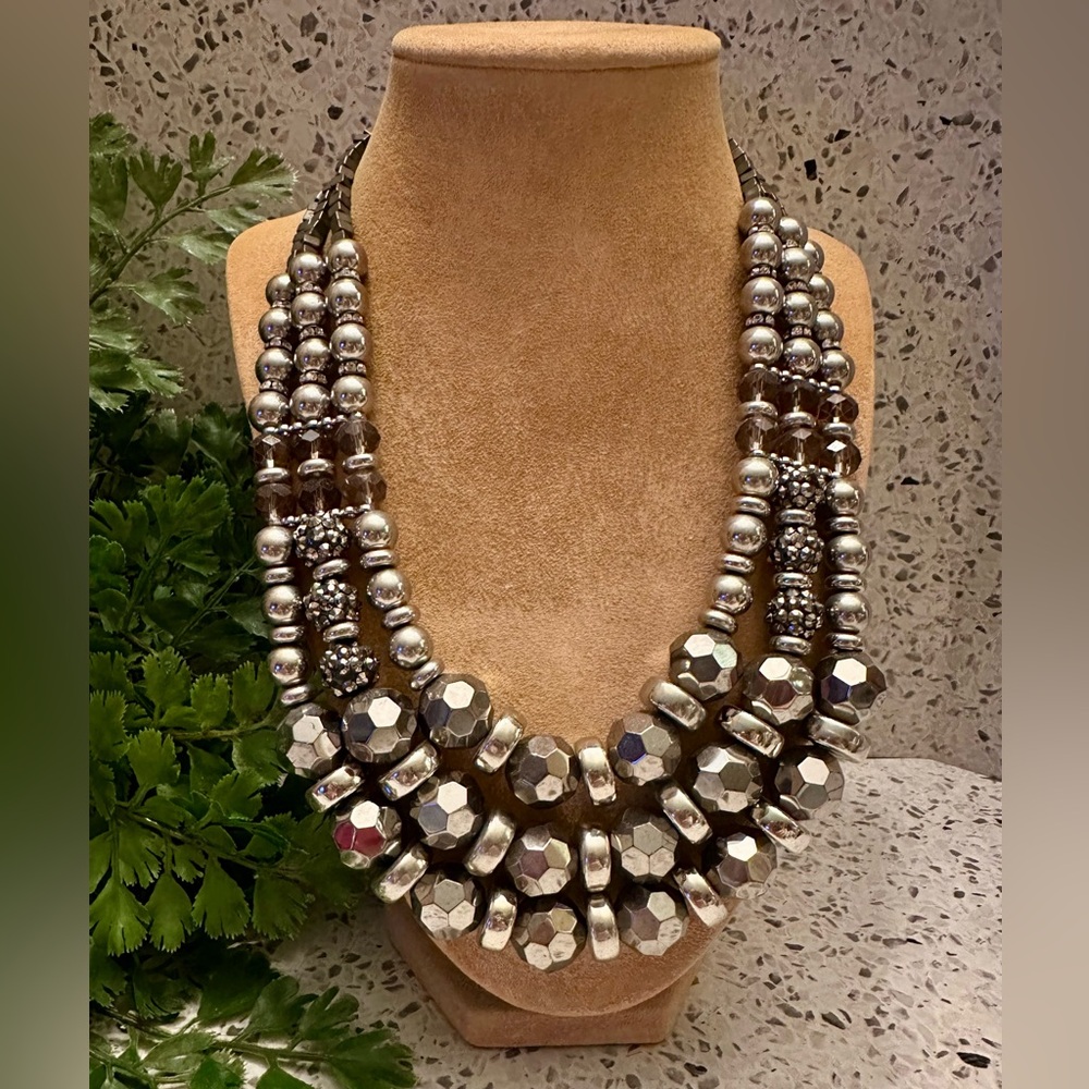 CHICO’S silver tone 3 strand multi bead necklace NWT
